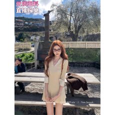 批发你的懒懒llan高智少女感软糯亲肤<b class='q'>衬衫</b>领<b class='q'>假两件</b>拼接针织连衣裙