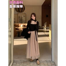 批发Even一雯干枯玫瑰韩系高智法式千金感撞色拼接收腰长袖<b class='q'>连衣裙</b>