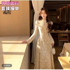 批发木子李的李缕香国韵新中式立领盘扣蕾丝连衣裙收腰大摆内衬加绒