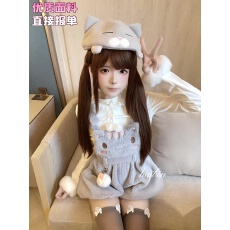 批发日系甜美可爱减龄两件套软萌毛茸蝴蝶结系带打底衣猫咪<b class='q'>背带裤</b>套装