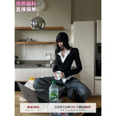 批发韩好甜WARDEN EDGE 黑色假两件v领<b class='q'>T</b><b class='q'>恤</b>辣妹修身设计感针织<b class='q'>长袖</b>上衣