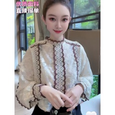 批发Nalian/拿恋豆子优选-法式蕾丝花边气质<b class='q'>长袖</b>加绒<b class='q'>衬衫</b>女