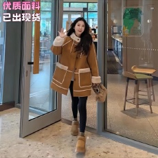 批发壹壹圣托里尼日落韩版小个子加绒连帽大口袋宽松毛外套