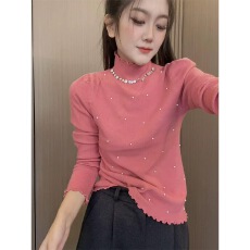 批发2025秋冬新款钉珠高领时尚洋气毛针织衫女木耳边修身<b class='q'>显瘦</b>内搭上衣