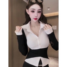 批发纯欲polo领假两件拼接长袖<b class='q'>衬衣</b>女2024冬季<b class='q'>新款</b>显瘦内搭打底衫上衣