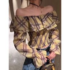 批发新款荷叶边一字领格子<b class='q'>长袖</b>衬衫女薄款防晒上衣2026春季露肩上衣潮