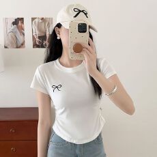 批发实拍【92棉8氨纶】刺绣纯欲褶皱收腰短袖T恤夏季蝴蝶结<b class='q'>打底衫</b>上衣