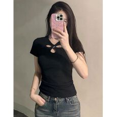 批发【人棉260克】短袖t恤女小众性感镂空别致<b class='q'>打底衫</b>正肩辣妹纯欲上衣