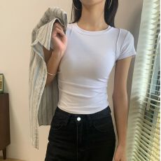 批发【92棉8氨纶】显瘦修身设计感白色短袖T恤韩版纯色百搭圆领<b class='q'>打底衫</b>