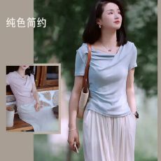批发【260克人棉】韩版不规则褶皱短款U领<b class='q'>T</b><b class='q'>恤</b>女夏修身显瘦打底衫上衣