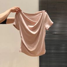 批发【260克人棉】<b class='q'>甜美</b>风气质一字肩褶皱T恤女夏季款百搭修身打底上衣
