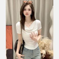 批发【260克人棉】<b class='q'>甜美</b>风气质一字肩褶皱T恤女夏季款百搭修身显瘦上衣