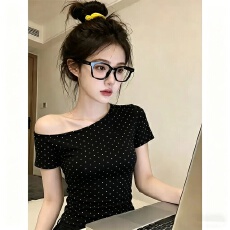 批发【<b class='q'>莫代尔</b>人棉260克】烫钻辣妹短袖恤女夏款T恤显瘦斜领<b class='q'>打底衫</b>上衣