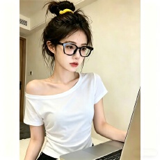 批发【<b class='q'>莫代尔</b>人棉260克】斜肩短袖t恤女夏款纯欲风宽松显瘦露肩<b class='q'>打底衫</b>