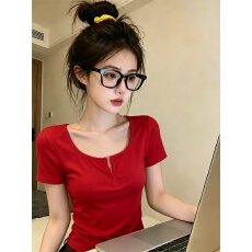 批发【<b class='q'>莫代尔</b>人棉260克】纯欲纽扣设计半开领短袖t恤女夏修身<b class='q'>打底衫</b>