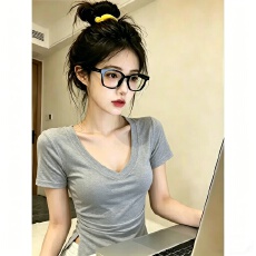 批发【<b class='q'>莫代尔</b>人棉260克】不规则收腰短袖修身V领上衣夏显瘦<b class='q'>打底衫</b>T恤