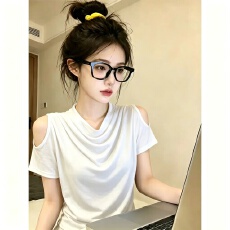 批发【260克人棉】韩系露肩荡领短袖<b class='q'>t</b><b class='q'>恤</b><b class='q'>女</b>款夏季款独特漂亮巨好看上衣