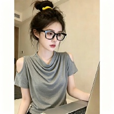 批发【260克人棉】韩系露肩荡领短袖<b class='q'>t</b><b class='q'>恤</b><b class='q'>女</b>款夏季款独特漂亮巨好看上衣