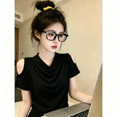 批发【260克人棉】韩系露肩荡领短袖<b class='q'>t</b><b class='q'>恤</b><b class='q'>女</b>款夏季款独特漂亮巨好看上衣