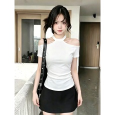 批发【<b class='q'>莫代尔</b>人棉260克】夏季款挂脖短袖T恤女显瘦收腰纯色<b class='q'>打底衫</b>上衣