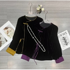 批发<b class='q'>真丝</b>丝绒上衣<b class='q'>旗袍</b>扣侧绳拼边设计洋气新中式T恤复古桑蚕丝衫打底