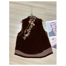 批发新中式国风<b class='q'>真丝</b>丝绒马甲<b class='q'>背心</b>刺绣立领时尚新款外套甜美无袖砍肩袖