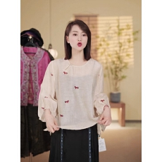 批发2026春夏天丝苎麻印花小木马新中式长袖上衣宽松显瘦圆领T恤