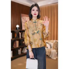 批发2026春夏新款新中式气质小衫桑蚕丝提花印花九分袖上衣