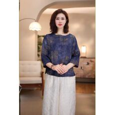 批发2026夏季新款圆领宽松<b class='q'>妈妈</b>遮肚上衣简约风花团七分袖女小衫