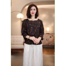 批发2026桑蚕丝新款圆领宽松<b class='q'>妈妈</b>遮肚上衣简约风提花七分袖小衫