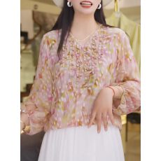 批发2026夏季新款粉色V领七分袖印花T恤优雅风<b class='q'>大码</b>女装胖MM新款T恤