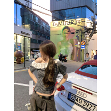 批发复古条纹花边领斜肩休闲上衣韩系气质显瘦短袖T恤女
