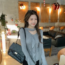 批发260克人棉荷叶边飘带圆领T恤<b class='q'>针织衫</b>女夏新款不规则设计感打底上衣