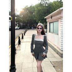 批发复古撞色波点长袖开衫<b class='q'>外套</b>上衣女秋季甜辣妹套装抹胸<b class='q'>连衣裙</b>两件套