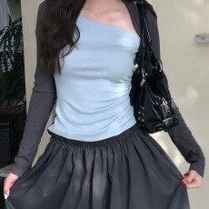 批发人棉磨毛假两件长袖<b class='q'>t</b><b class='q'>恤</b>女撞色拼接打底衫修身显瘦短款上衣设计感