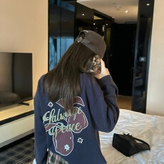 华夫格复合真超后背印花贴袋华夫格长袖T恤韩系松弛感显瘦上衣