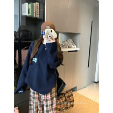 批发华夫格复合真超藏蓝色卫衣<b class='q'>女</b>秋冬季长袖宽松显瘦休闲印花套头上衣