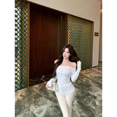 纯欲风气质镂空一字肩长袖蕾丝衫女秋冬修身显瘦百搭上衣