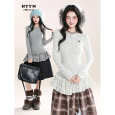 批发人棉磨毛韩系甜美波点印花木耳<b class='q'>裙</b>摆长袖<b class='q'>T</b><b class='q'>恤</b>女内搭叠穿打底衫上衣