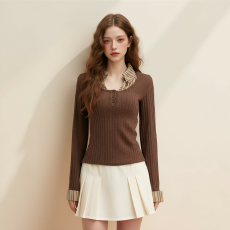 批发原版面料法式假两件<b class='q'>长袖</b>拼接条纹撞色<b class='q'>衬衫</b>领修身显瘦绞花上衣针织