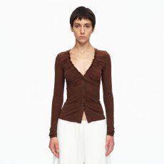 批发人棉磨毛木耳花边V领<b class='q'>T</b>恤百搭弹力修身开衫