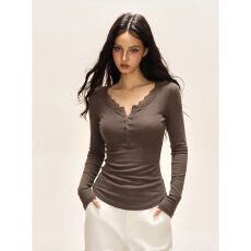 批发人棉磨毛蕾丝拼接咖色半开领长袖<b class='q'>T</b>恤修身内搭弹力打底衫上衣