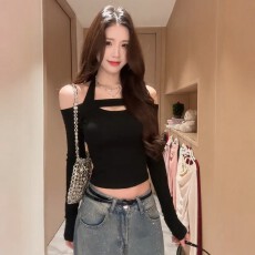 批发人棉磨毛<b class='q'>镂空</b>一字肩长袖t恤女秋冬季新款黑色修身显瘦打底<b class='q'>衫</b>上衣