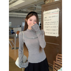 批发人棉磨毛高领木耳边正肩气质长袖T恤女冬季修身显瘦百搭<b class='q'>上衣</b>