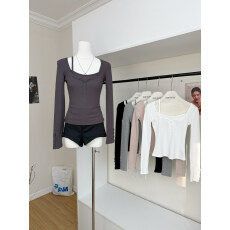 批发人棉磨毛设计感假两件修身长袖打底衫女收腰内搭针织上衣