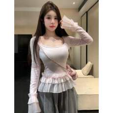 批发人棉磨毛<b class='q'>荷叶边</b>加厚磨毛长袖T恤女秋冬新款修身显瘦内搭打底上衣