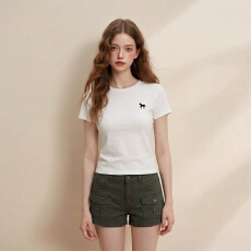 批发精棉韩式休闲风小马刺绣<b class='q'>圆领</b>短袖<b class='q'>T</b><b class='q'>恤</b>女白色百搭显瘦上衣