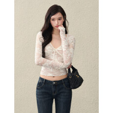 批发纯欲风性感系带蕾丝<b class='q'>上衣</b>女白色<b class='q'>网纱</b>弹力紧身内搭