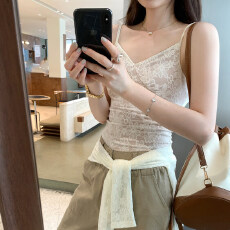 批发杏色蕾丝花边内搭打底小吊带背心套装女春法式开衫<b class='q'>外套</b>两件套<b class='q'>上衣</b>