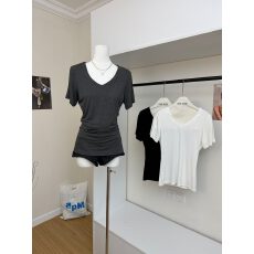 批发<b class='q'>莫代尔</b>纯欲V领百搭白色短袖2026夏季新款正肩内搭<b class='q'>T</b><b class='q'>恤</b>打底衫上衣潮